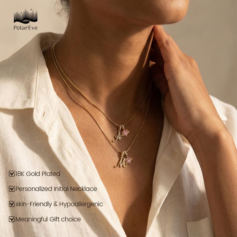 PolarEve 14K Gold Plated 3-Layering Initial A-Z Letter Pendant Necklaces for Women Snake Chain Choker Pink Heart Zircon Adjustable Length Necklace Jewelry