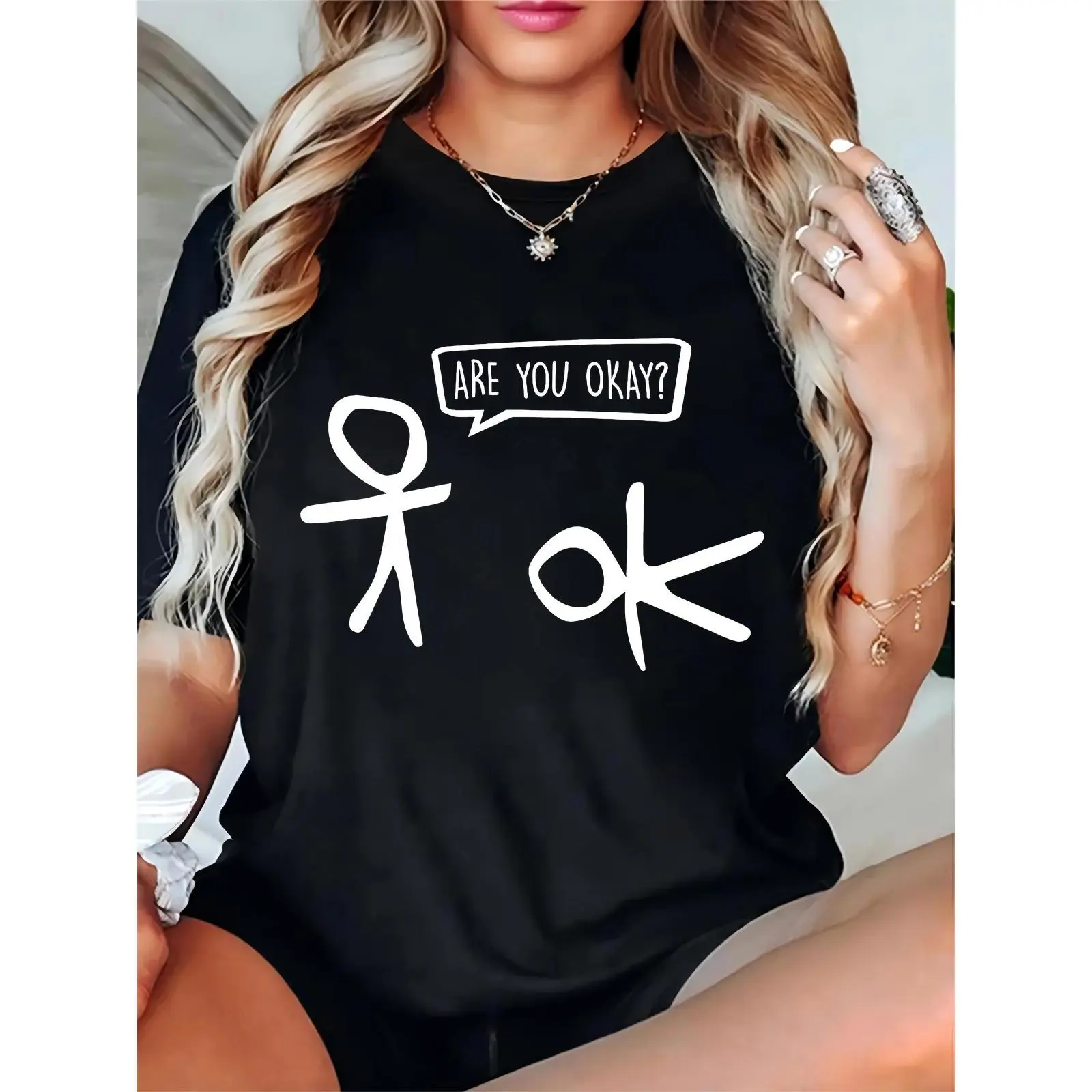 Women's Black T-Shirt: Stick Figure, 'ARE YOU OKAY?' Speech Bubble & 'ok' Graphic - Casual Daily Wear for Teens/Adults