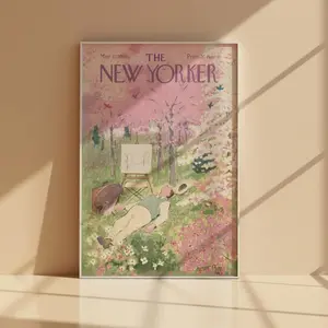 Vintage New Yorker Magazine Cover May 21 1949 Cherry Blossom & Artist Physical Wall Art Print College Apartment Decor Pink and Green