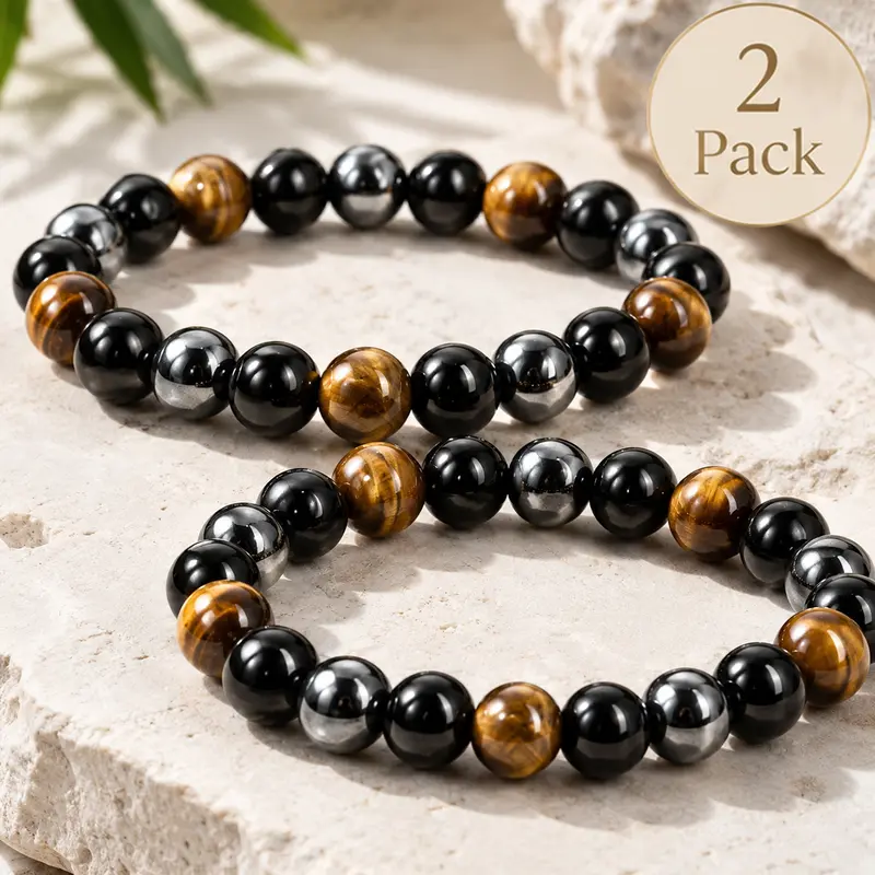2 Pack Tiger Eye Natural Stone Bead Bracelets for Men Women, 8mm Black Obsidian Hematite Beaded Stretch Bracelet Set, Unisex Couple Friendship Gift Jewelry for Everyday Wear