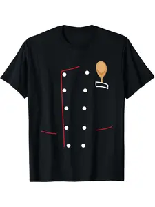 Men'S Chef T-Shirt with Printed - Black Casual Crew Neck Featuring Red Stripes And Chef Hat Design, Made from High Stretch Knitted Fabric, Regular Fit, Suitable for All Seasons, Playful Chef Uniform Shirt, Comfortable to Wear