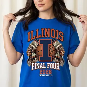Illinois Final Four 2026 Indianapolis, basketball fan gift, March Madness 2026 Printed Tee Pure Cotton Fabric Casual Streetwear Crew Neck Short Sleeve T-Shirt Trendy Tops for Women for Men, Perfect Gift