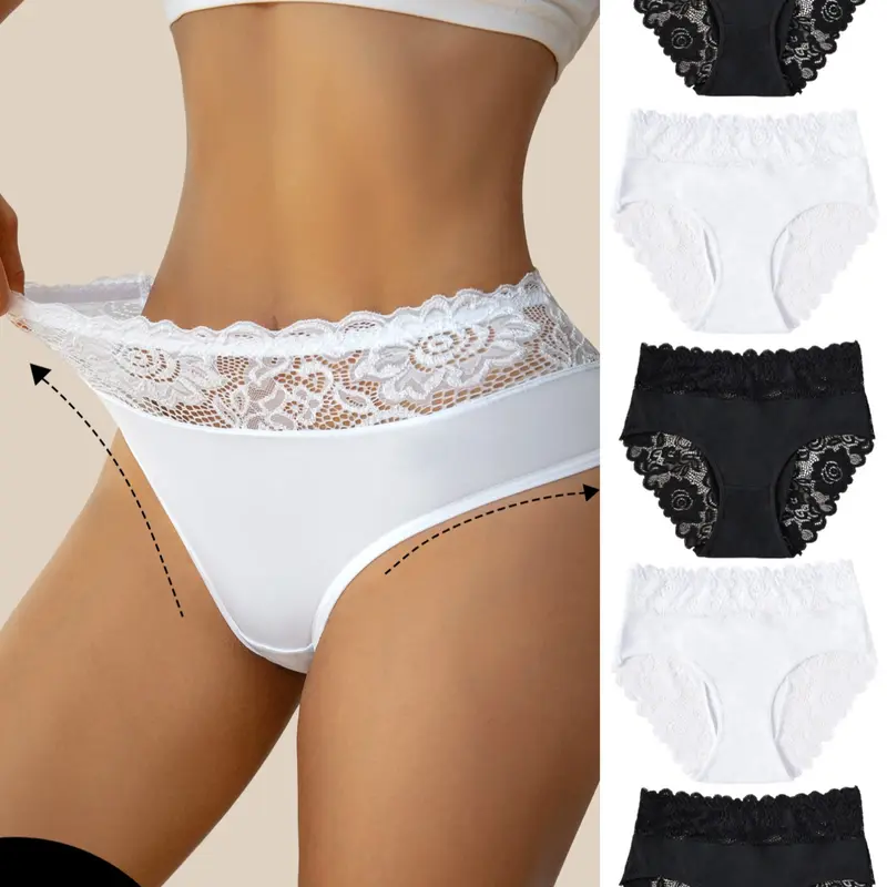 Women's Black and White Floral Lace Briefs, Soft Lace Briefs, Lace Fitted Panty, Panties Lingerie Set, Design, Breathable Quick-Drying High-Elasticity Fabric for a Fitted Fit, Suitable for Daily Home Wear and Outdoor Occasions, Fitted Underwear
