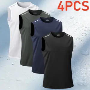 4-PIECE SET Men's Sports Solid Color Tank Top - Outdoor Fitness, Quick-Drying, Lightweight, Ice Silk, Breathable, Fitted, Stretchy Training Sleeveless Top for Summer solid color vest lightweight stretch fathersdaygift