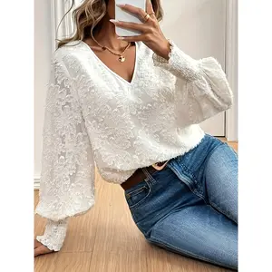 Women’s fitted slim-fit casual white blouse/shirt with a 3D flocked lace pattern, V-neck, lantern sleeves, and embroidery — “hidden meat” design (thin fabric) GARMENTARY