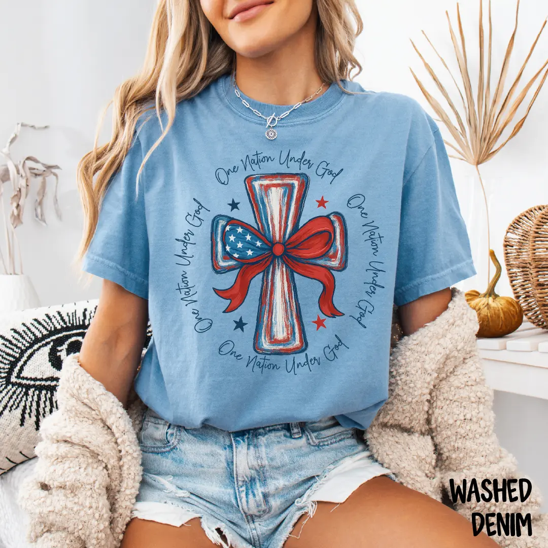 One Nation Under God DTF Transfer | July 4th Hot Peel Christian Heat Press Design | USA Cross Print