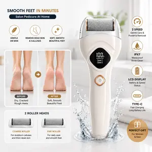 Electric Foot Callus Remover, Salon-Style Pedicure Tool with 2 Roller Heads, Rechargeable Foot File for Dry Cracked Heels, LCD Display, IPX7 Waterproof, Type-C Charging