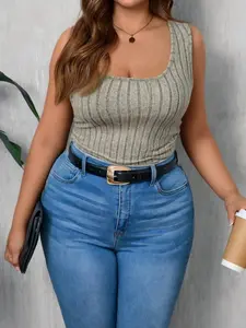 Vertical Ruched U-Neck Sleeveless Tank Top, Plus Size Slim Fit Waist Cinch Knit Shirt, Casual Wear for Women