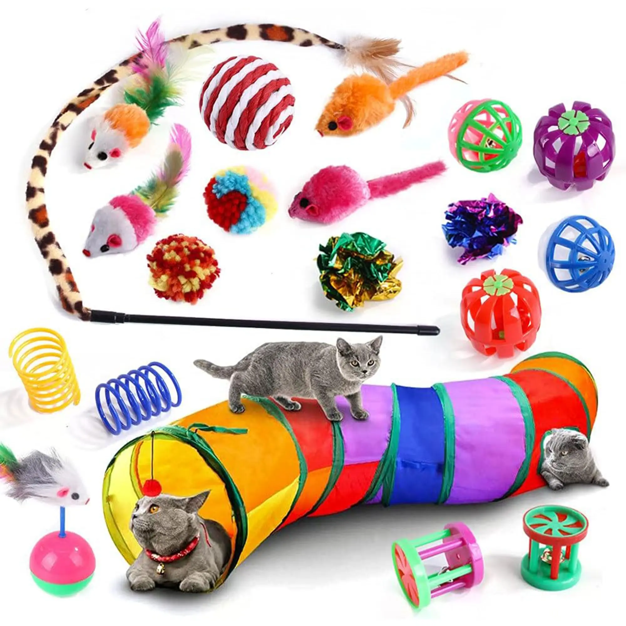 Cartoon Pattern Plastic Cat Toy Set - Tunnels, Bouncy Balls, Interactive Kitten Wand, Bonding-Promoting Pet Supplies, Ideal Mother's Day Gift for Cat Owners