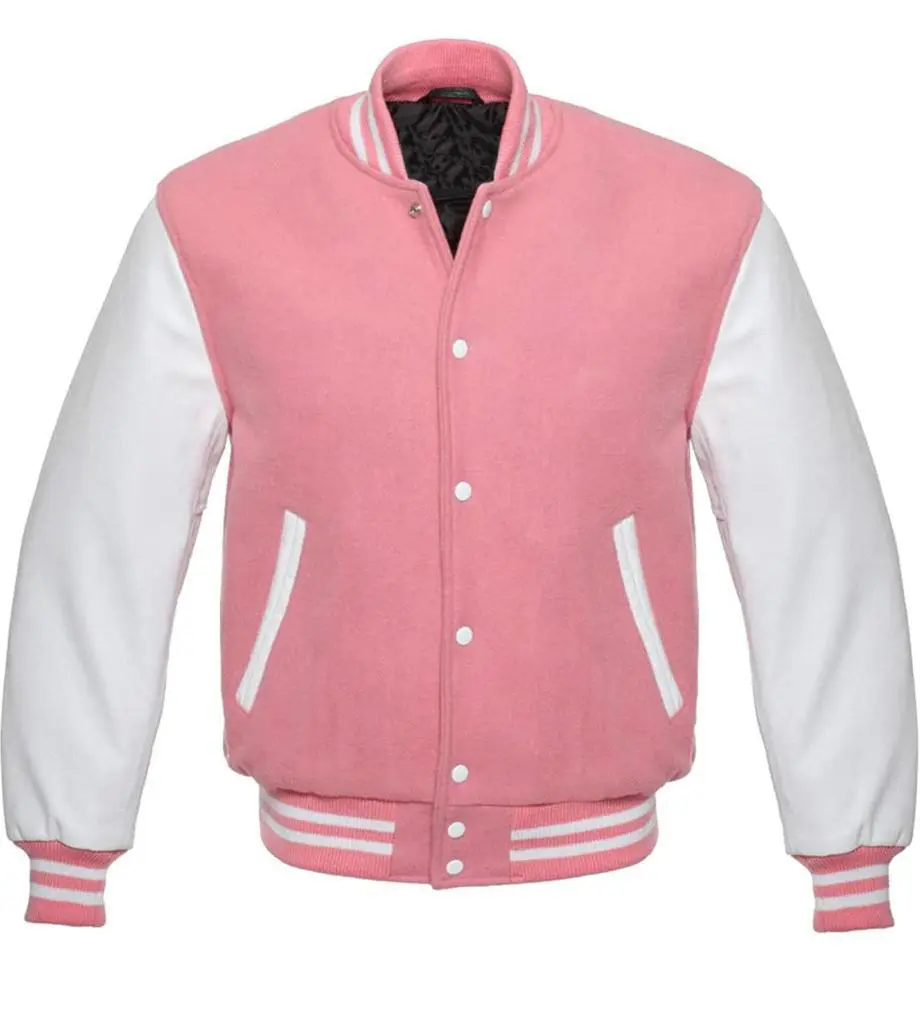 Varsity Baseball Letterman Baby Pink Wool & Genuine White Leather Sleeves Jacket