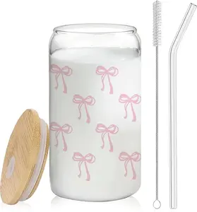 2-Piece Coquette Aesthetic Glass Cups with Lids and Straws Pink Bow Iced Coffee Cup Decor Cute Tumbler Smoothie with Cleaning Brush Gift Box for Girls Women Friends 16 oz Aesthetic Iced Coffee Cup Stylish Star Design Preppy Cup with Brush