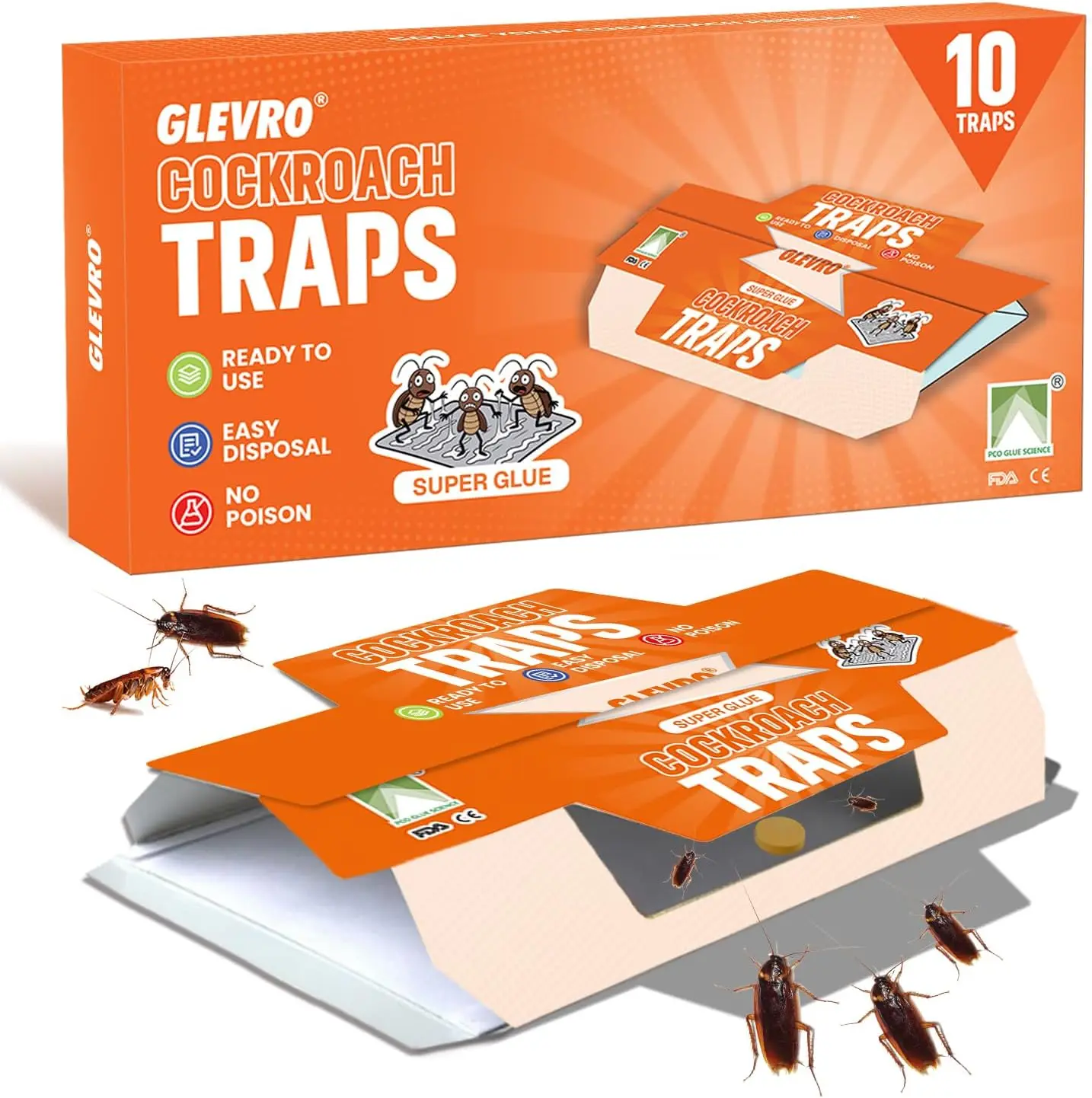Glevro® Pack of 10 Roach Traps Indoor | Sticky Glue Traps for Cockroaches | Non-Toxic Roach Trap for Home, Kitchen & Bathroom | Disposable Cockroach Traps Indoor, Easy to Use