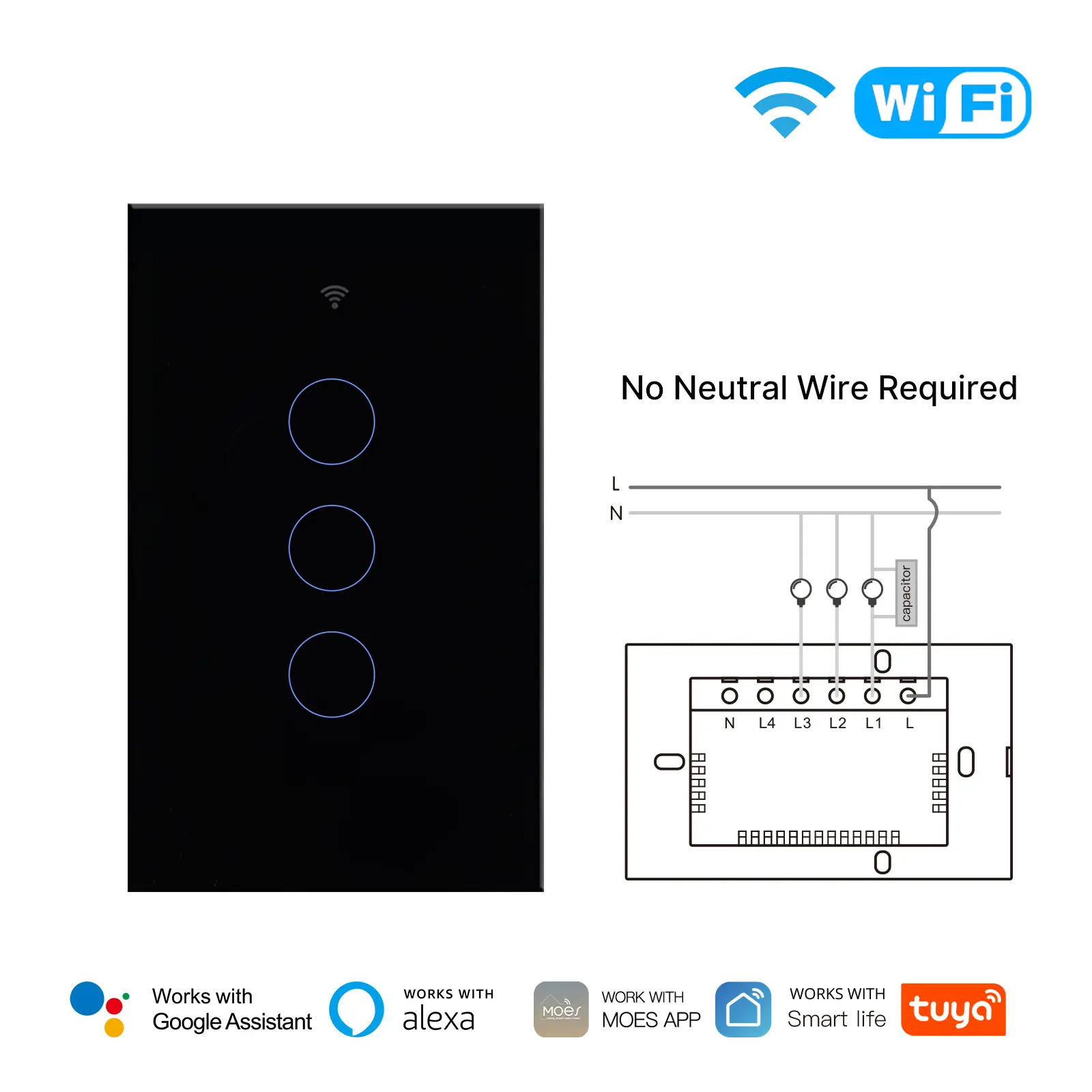 MOES US-Standard WiFi + RF Smart Wall Switch (Black, 3 Gang Only), No Neutral Wire — Built for Older US Homes, Work with Alexa & Google Home — Support Remote/Schedules/Voice Control.