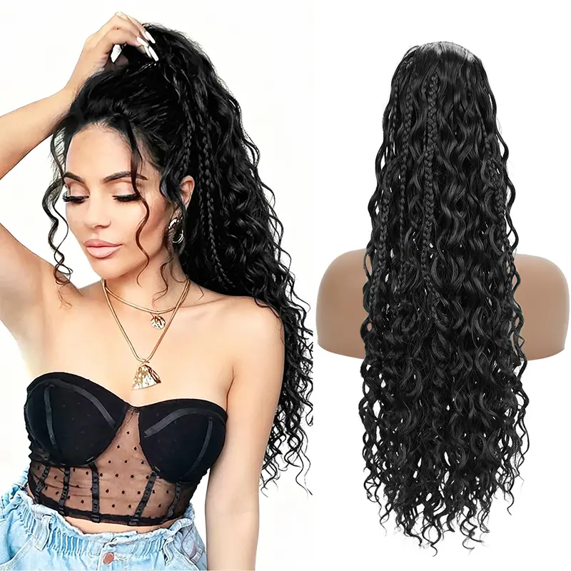 YEAME Hair Drawstring Ponytail Extension - 22 in Bohemian Curly Braided Wavy Synthetic Hairpiece for Black Females, Natural Ponytail Hairstyles, Fashion Accessory, Drawstring Ponytails