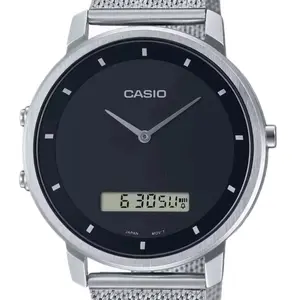 brand new Casio silver mesh braceletblack dial dual time men's s Classic watch MTP-B200M-1E