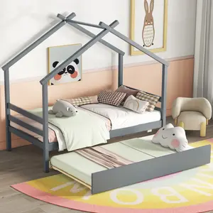 Twin Size House-shaped Bed with Trundle,House-shaped Design，Pull-out Trundle，Grey，white，Natural