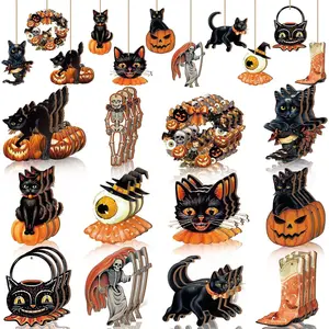 X-OMT17 36 Pcs Halloween Ornaments with Ropes Halloween Wood Decor for Tree Pumpkin Skull Cat Wooden Decorations Hanging Ornaments Pendants for Home Party, 12 Styles