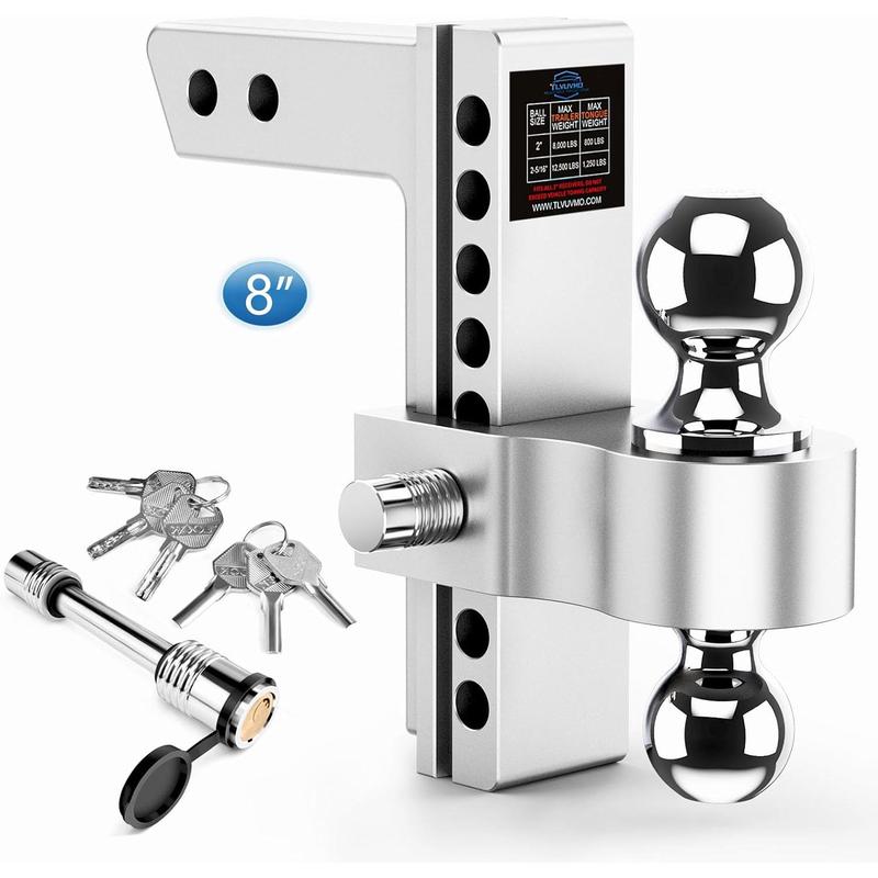 Adjustable Trailer Hitch, 8 Inch Drop Hitch Ball Mount (Fits 2-Inch Receiver), 12,500 LBS GTW, (2" & 2-5/16") Chrome Plated Steels Balls, Aluminum Tow Hitches with Two Anti-Theft Pins Locks