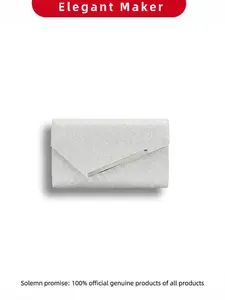 Silver Color Glitter Envelope Clutch with Metal Accent, Elegant Formal Evening Handbag for Wedding & Party, All Seasons Solid Pattern
