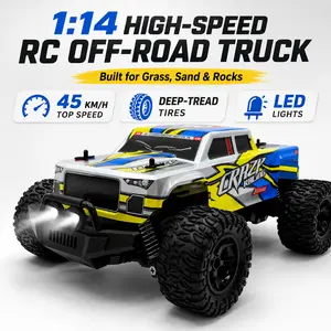 1:14 Scale 45 KM/H High Speed RC Monster Truck, 2.4GHz Remote Control Off-Road Buggy with LED Headlights, Shock Absorbing Suspension, Deep Tread All-Terrain Rubber Tires, 2 Rechargeable Batteries, Crash Resistant PVC Body Racing Car for Teens Adults