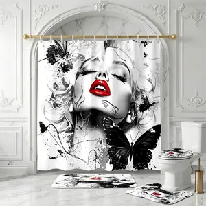 4pcs Black White Marilyn Butterfly Shower Curtain Set – Soft Thick Fabric with Red Lips & Artistic Splashes, Valentine’s Day Inspired Bathroom Decor, Extra Plush Bath Mats for Glamorous Comfort, Shower Essentials