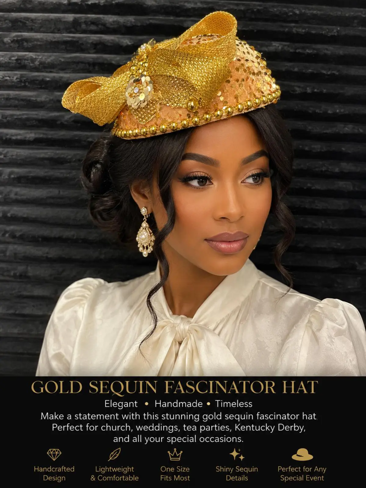 Gold Sequin Church Fascinator Hat for Women – Elegant Bow Headpiece – Kentucky Derby, Wedding, Tea Party & Formal Occasion