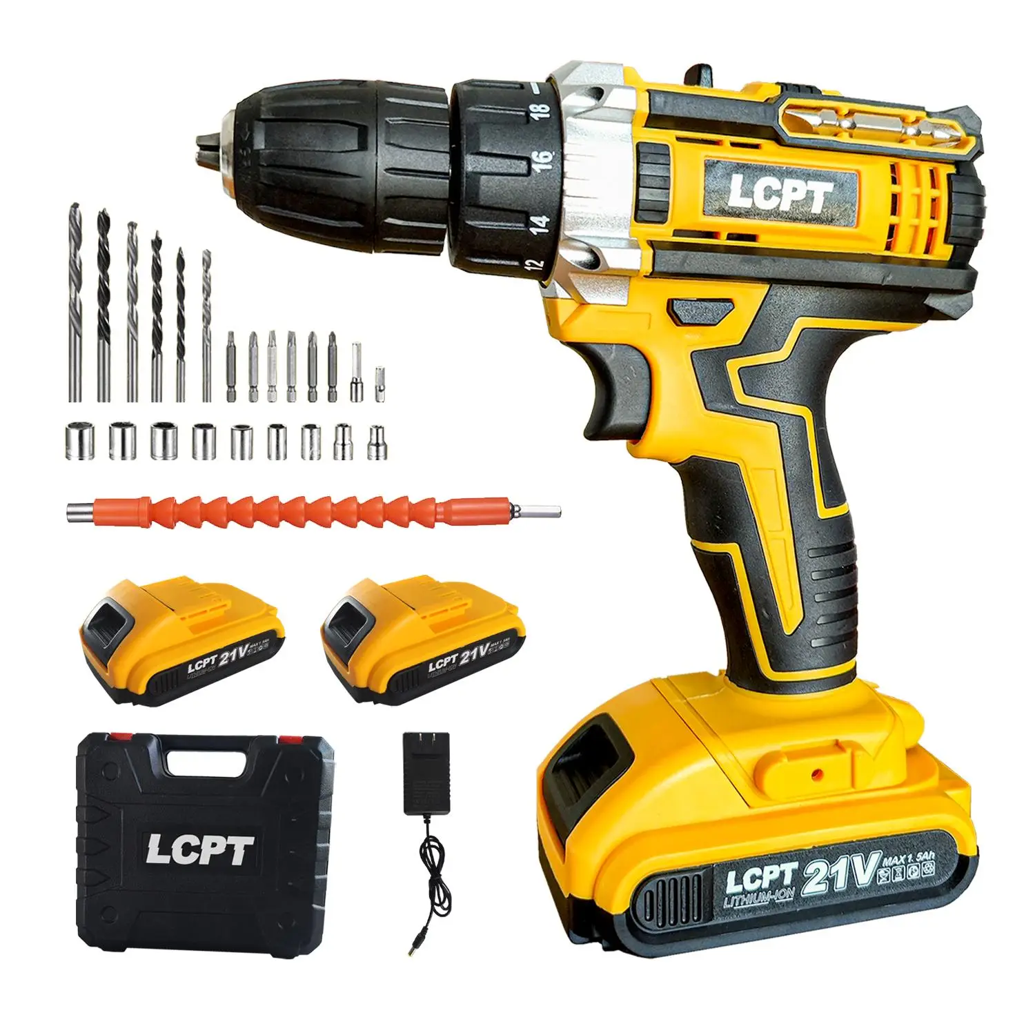 LCPT 21V Cordless Electric Drill Set, Electric Drill with Dual Speed Adjustable, Durable Electric Drill for Home DIY and Electrician Work