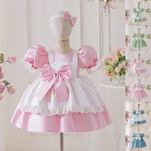 6M-3Y Pink Kids Clothes with Headband Big Bow Anniversary Birthday Baptism Flower Girls Frock Ball Gown Pageant Children Elegant Princess Prom Host Formal Evening Party Banquet Dress for All Season
