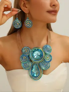 Women's Metal Wire Wrapped Artificial Gemstone Necklace & Earrings Set, Fashionable Eye-Catching Accessories for Women