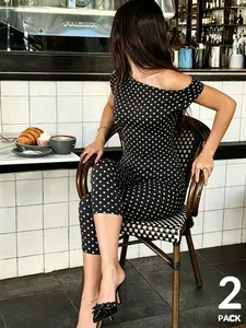 2026 Summer 2 Piece Outfits for Women, Off Shoulder Ruched Crop Top + High Waist Capri Leggings Set, Y2K Vintage Polka Dot/ Solid Color Slim Fit Matching Sets,Going Out, Coffee Date, Vacation, Party, Club, Daily Wear, Workout, Yoga, Running，Teen Girl