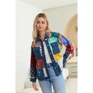 Women's Loretta's Wild Patchwork Jacket - Painted Denim Fabric, Everyday Outfits Vibe, Unique Twist