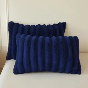 Pack of 2 Fluffy Faux Rabbit Fur Pillowcases, Soft Striped Plush Fuzzy Bed Pillow Cases with Zipper, Farmhouse Shaggy Furry Ribbed Pillow Covers for Kids Teens Adults, 20x26 Standard, Navy Blue