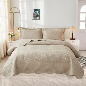 Oversized Quilt Bedspread Set 3-Piece, 100% Cotton Embroidered Queen King Size, Soft Breathable All-Season Comforter Cover, Leaf Design Bedspread Bedding Set