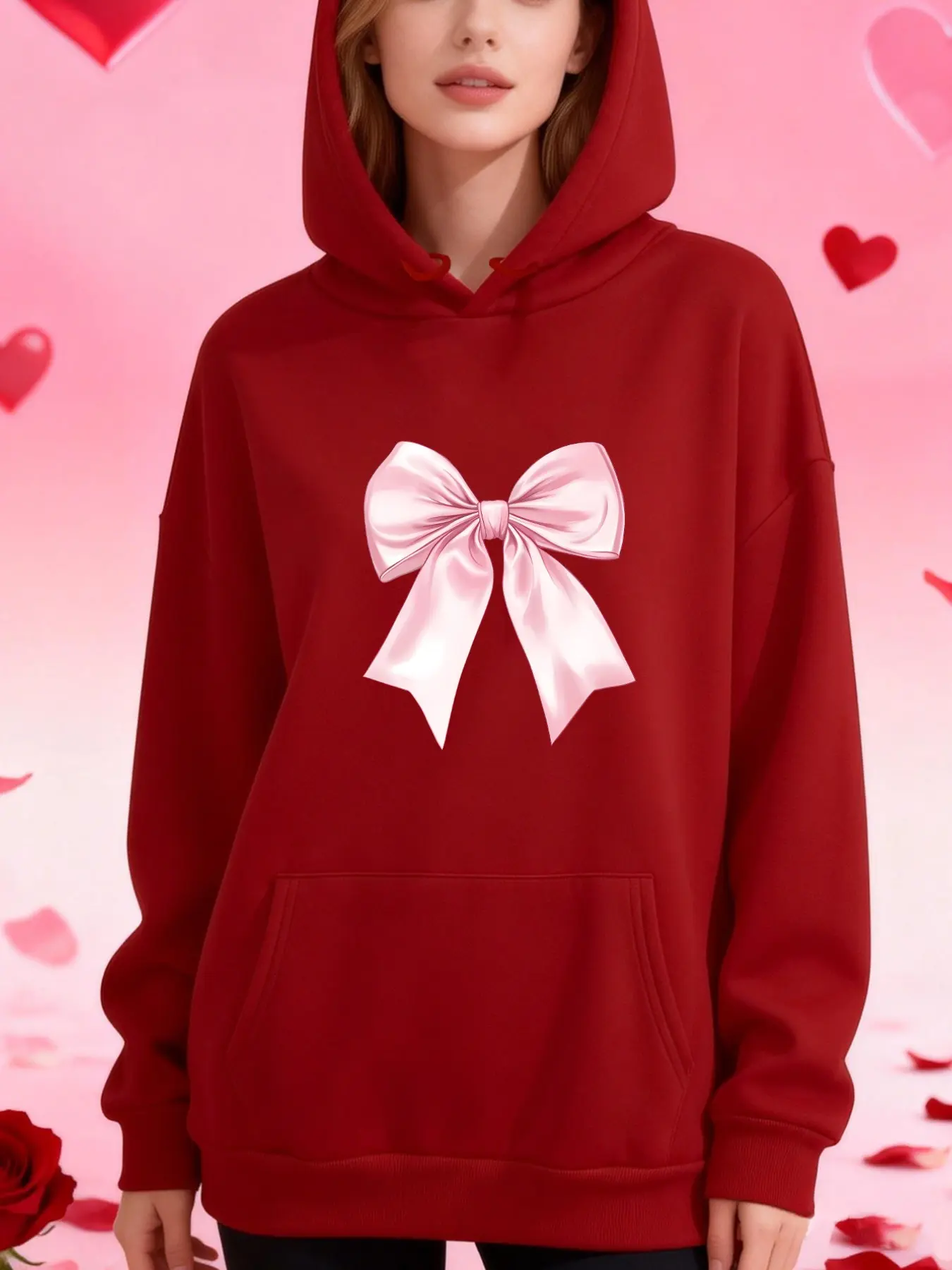 Valentine's Day Satin Bow Drawstring Hoodie, Sweet Soft Shiny Print, Fitted Casual Long Sleeve, Pockets, Fall & Winter