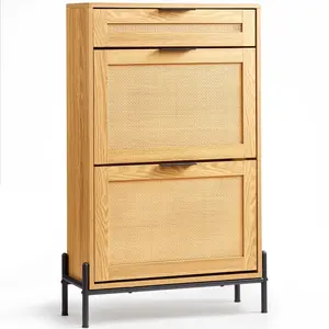 【Summervibes】VEVOR Rattan Shoe Cabinet, Narrow Shoe Storage Organizer with 2 Flip Rattan Drawers & 1 Slide Drawer, Metal Legs, Slim Shoe Entryway Cabinet Ideal for Entryway, Closet, Hallway, Light Wood Color