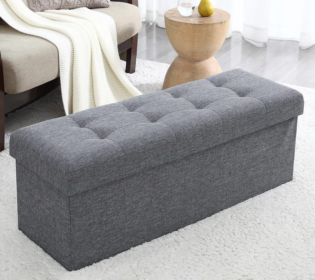Ornavo Home Foldable Tufted Linen Large Storage Ottoman Bench Gray Ornavo Home Foldable Tufted Linen Large Storage Ottoman Bench Gray
