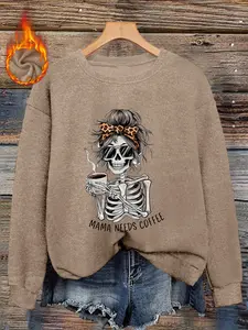 Women's Gothic Style "Mom Needs Coffee" and "Mummy Skeleton" Print Sweater - Casual Crew Neck Pullover