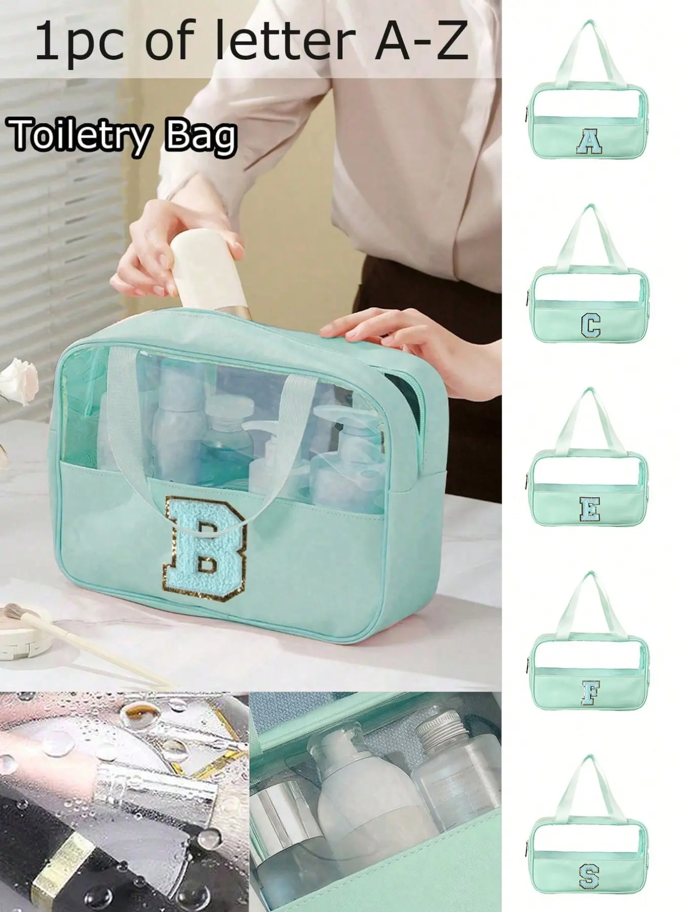 Women's Leather Fabric Letter A-Z Print Waterproof Zipper Bag, Casual Shoulder Design Makeup Pouch, Cosmetic Bag, School Beach Travel Essentials, Travel Cosmetic Bags, Makeup Storage Bag, Travel Beauty Bag, Cosmetics Bag