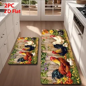 2pcs/3pcs Flannel Kitchen Mat Set, Vintage Wooden Background, Chicken Art, Floral Design, Non-Slip, Absorbent, Home Decor, Decorative Rug Mat, Farmhouse Kitchen Rugs