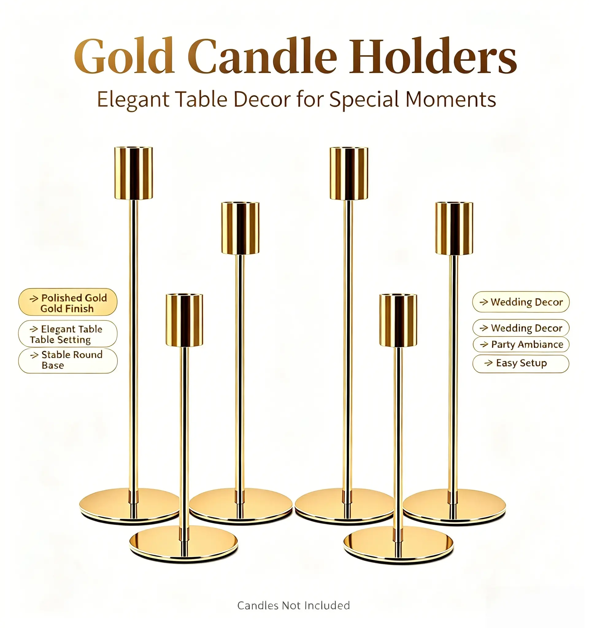 6Pcs Decorative Minimalist Champagne Gold Thin-Stem Metal Taper Candle Holders - All-Seasons Table Centerpieces for Celebrations, Packaged in a Box, Candles Not Included