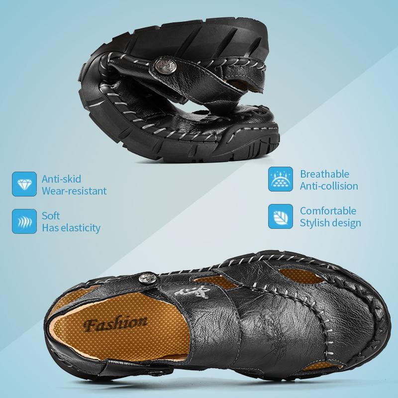 GREKS Men's Casual Hiking Beach Sandals Hand-Stitched Hollow Slip-on Wide Fit Non-Slip Breathable Dark Brown Black