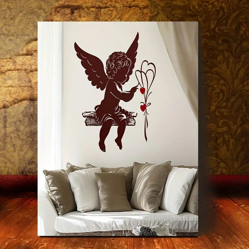 A Cup-Themed Canvas Painting - Romantic Valentine's Day Decoration with Angelic Cups and Heart-Shaped Balloons, Perfect for Living Room or Bedroom, Indoor Wooden Frame Painting, Valentine's Day Ornament