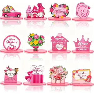 12 Pcs Mother's Day Table Decorations Happy Mother's Day Wooden Table Centerpiece Gnome Truck Jar Flower Pink Tabletop Signs Rustic Farmhouse Super Mom Tiered Tray Decor for Home Kitchen Office