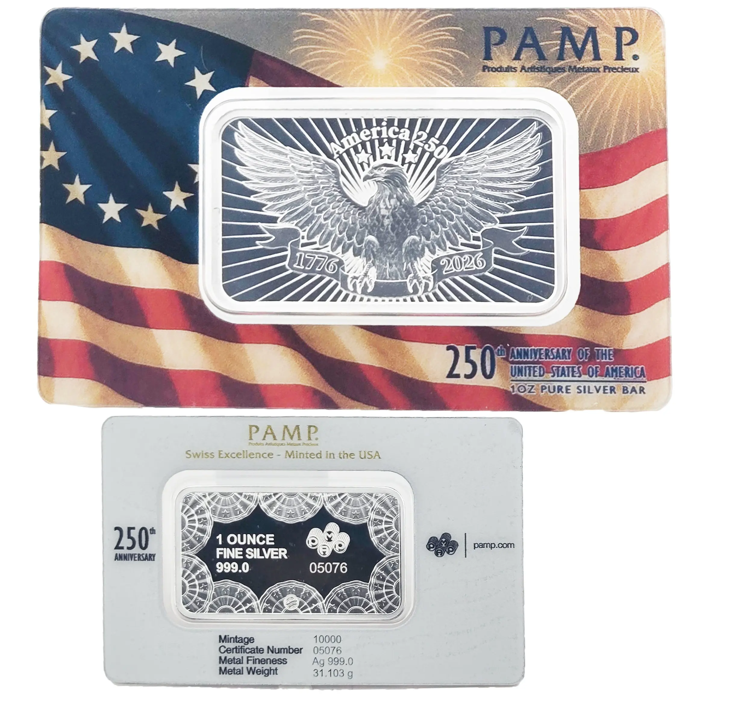 250th Anniversary of the United States of America PAMP Suisse 1 oz Silver Bar in Assay