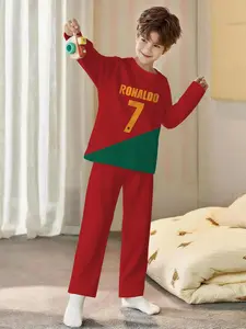 Football Star Style C Ronaldo 7 Print Long Sleeve Sleepwear Set, Fire Retardant Fabric, Casual Comfort Soft Pajamas for Boys