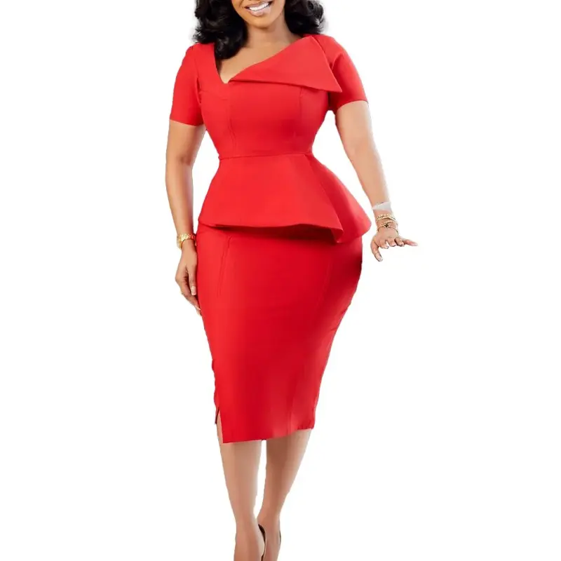 Summer Autumn Clothes Elegant Bodycon Dresses for Women Skew Collar Short  Sleeve Solid Sheath Package Hips Mid Calf Formal Business Work Dress Clothes  - TikTok Shop