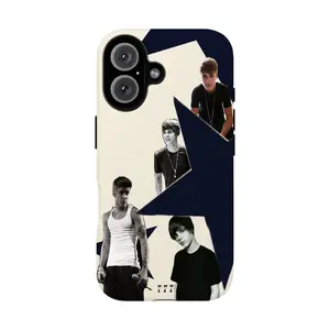 Bieber-themed phone case with a rock concert design, compatible with iPhone 12, 13, 14, 15, 16, and 17. Trendy, drop-proof, glossy hard case.