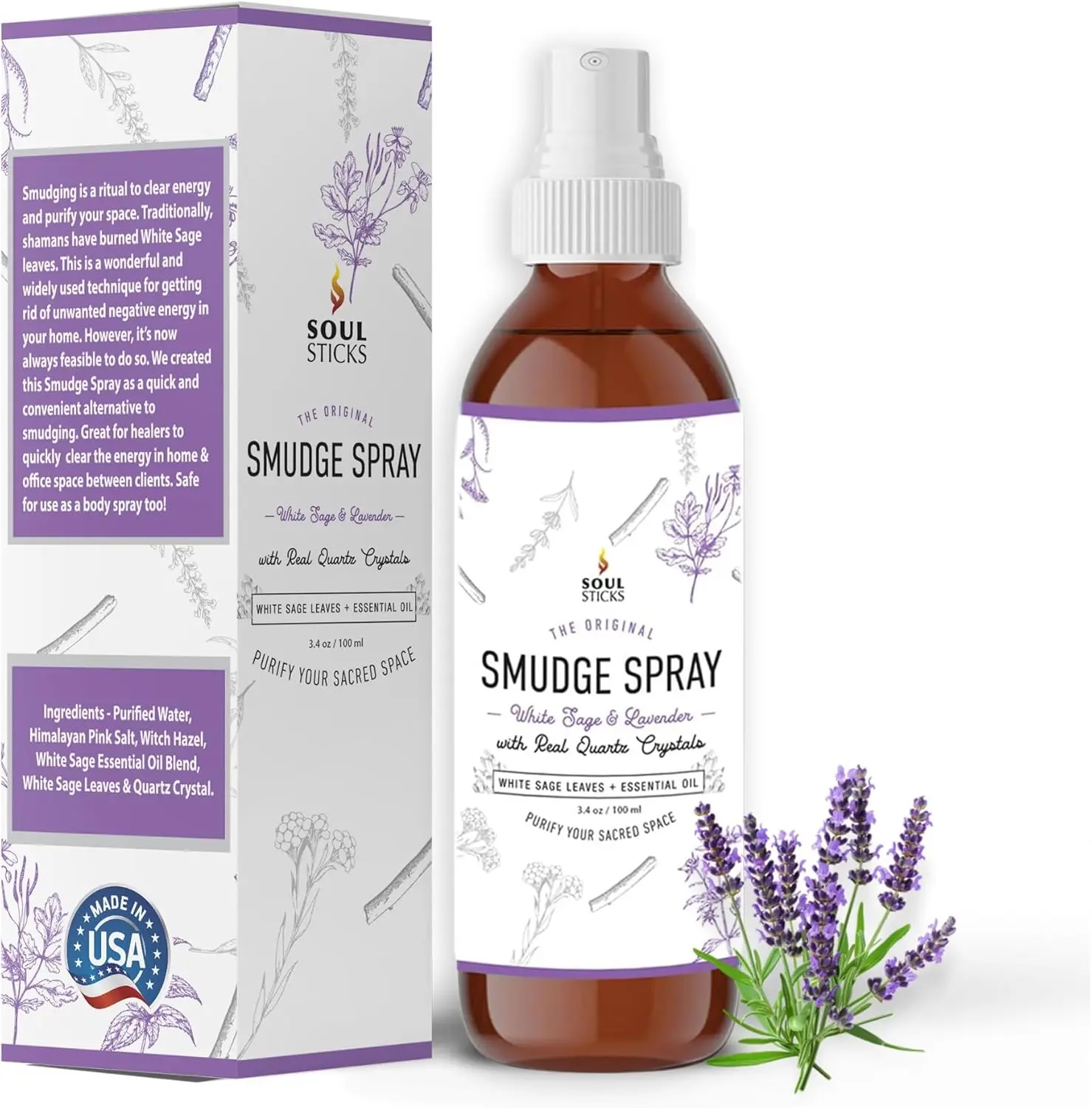 White Sage & Lavender Smudge Spray – 3.5oz Smokeless Mist with Quartz Crystals – Calming Essential Oil Spray for Sleep, Stress Relief, Meditation, and Energy Cleansing