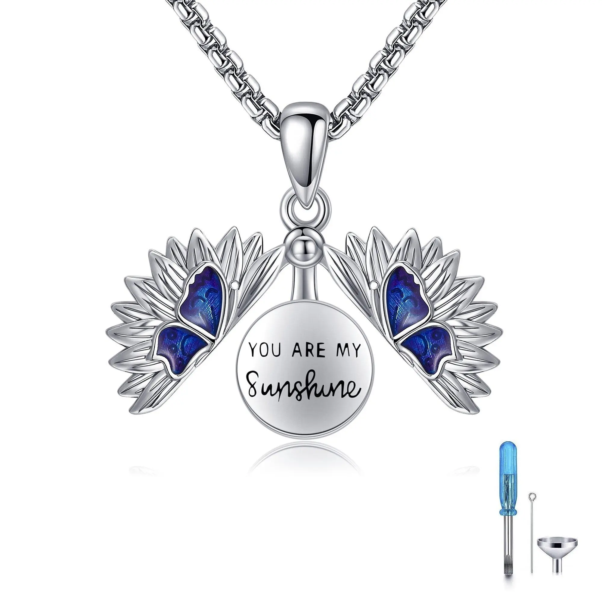 Unisex Sterling Silver Sunflower-Butterfly Urn Necklace, Cremation Jewelry Keepsake for Storing Ashes of Loved Ones