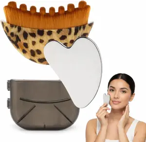 Lymphatic Contour Face Brush with Stainless Steel Gua Sha Tool - 1 Pcs Leopard Skin Lymphatic Face Brushes with GuaSha Tool for Sculpting | Gua Sha Facial Tools for Lymphatic Drainage Brushes